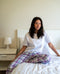 Women summer pajama set White T-shirt + Green X Purple Tartan Plaid Pants